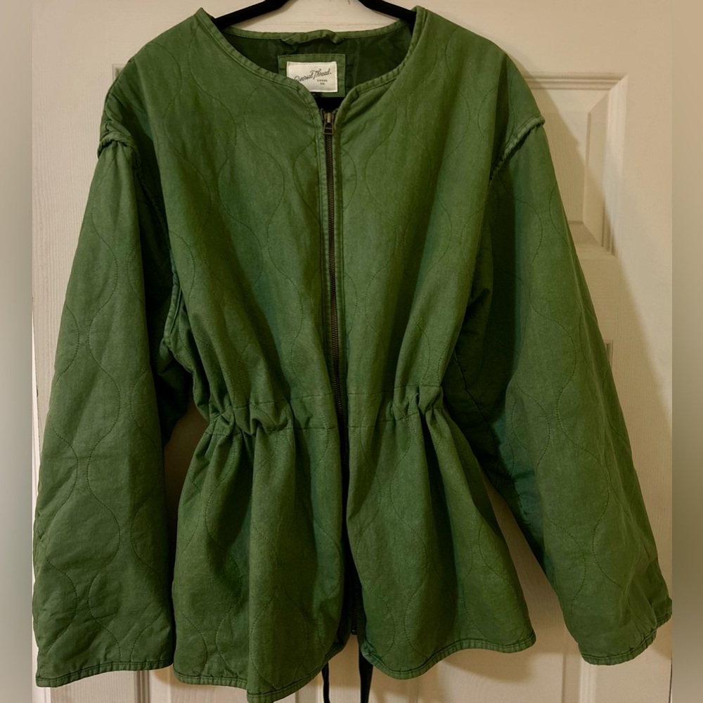 NWOT GREEN COLLARLESS QUILTED TWILL JACKET FALL WINTER CASUAL